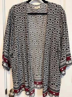Black & White Geometric Open Cardigan with Red Accent